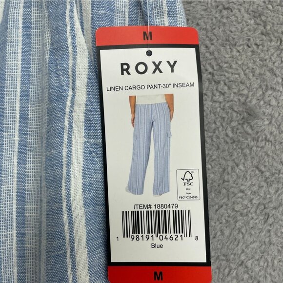 NEW Roxy Women's M Linen Cargo Pants 30" Inseam Blue Striped - Picture 7 of 9